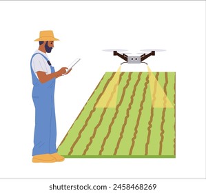 Adult farmer cartoon character using remote mobile controlled drone for pesticide treatment