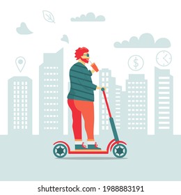 Adult fat man with beard riding electric scooter in big city