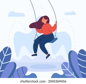 Adult female cartoon character swinging on swing. Happy girl in good mood having fun outdoors flat vector illustration. Lifestyle, leisure concept for banner, website design or landing web page