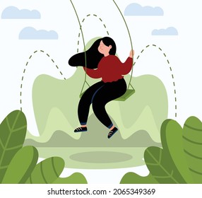 Adult female cartoon character swinging on swing. 