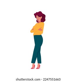 Adult Female Character Standing with Crossed Arms Full Height View isolated on White Background. Adorable Woman with Smiling Face Wear Shirt and Pants. Cartoon People Vector Illustration