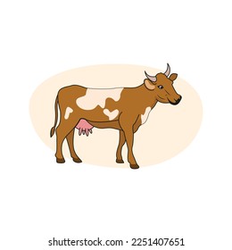 Adult female cow with white spots on brown. Vector illustration.