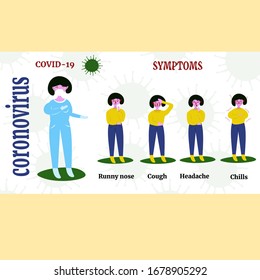 adult female doctor shows girls symptoms of coronavirus or flu in boys in cartoon style