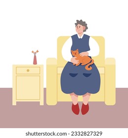 Mujer adulta sosteniendo gato y sentada en sillón. Ancianos, personas mayores que pasan tiempo en casa. Concepto de vida para las personas mayores, recreación. Ilustración vectorial plana en colores azul y amarillo