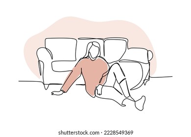 An adult female relax next to the couch. One continuous line drawing hand drawn design type for hygge concept