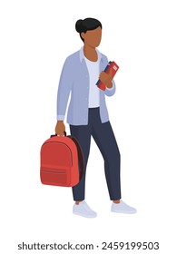 Adult female student holding her books and a backpack, learning and education concept