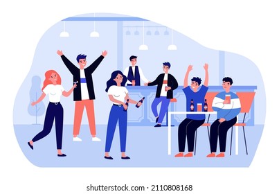 Adult friends meeting in bar, people enjoying craft beer. Persons holding bottles with alcohol flat vector illustration. Nightlife, lifestyle concept for banner, website design or landing web page