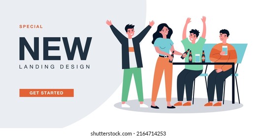 Adult friends meeting in bar, people enjoying craft beer. Persons holding bottles with alcohol flat vector illustration. Nightlife, lifestyle concept for banner, website design or landing web page