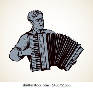 Adult fun talent smile guy skill bellow harmonic key chord on white. Line black ink pen drawn happy human folklore event show logo icon. Ethnic russian tune sign symbol in antique doodle cartoon style