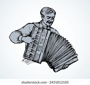 Adult fun talent smile guy skill bellow harmonic key chord on white. Line black ink pen drawn happy human folklore event show logo icon. Ethnic russian tune sign symbol in antique doodle cartoon style
