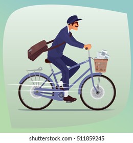 Adult funny man with mustache works as postman. He rides on bicycle with basket of newspapers and magazines. On the shoulder hanging bag with letters. Cartoon style. Vector illustration