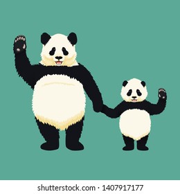 Adult giant panda and baby panda standing holding hands and waving. Chinese bear family. Mother or father and child. Rare, vulnerable species.