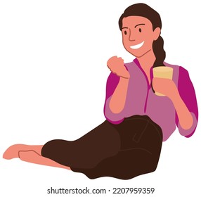 Adult Girl Sitting With A Glass Of Drink In Her Hand. Vector Clipart Of A Young Smiling Woman Dressed In A Blouse And Trousers, Isolated On A Transparent Background