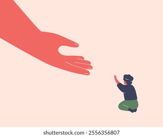 Adult gives hand to child. Small boy needs help and support from parent or care worker. Adoption concept. Trust and encouragement of kids from family, teachers, friends. Vector illustration