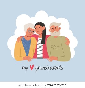 An adult granddaughter hugs her grandfather and grandmother. My beloved grandparents, lettering. Hand drawn vector flat linear illustration. National Grandparents Day