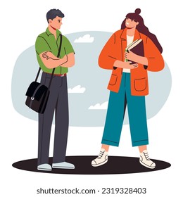 Adult guy with a bag  and a girl with books in their hands.Students stand and chat with each other.Young man and woman have fun together.Modern characters on a white.Vector cartoon flat  illustration.