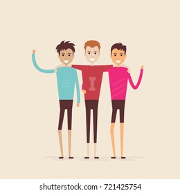 Adult guys,Men,Three best friends.Happy smiling young men friends.Happy best friends meeting.Happy triple icon.Happy friends tree man,Friendly hug and Friendship concept.Vector illustration.