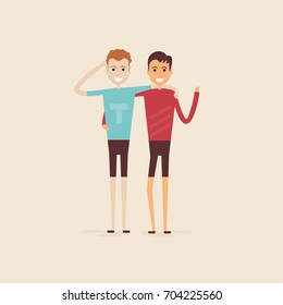 Adult guys,Men,Two best friends.Happy smiling young men friends.Happy best friends meeting.Happy couple icon.Happy friends two man,Friendly hug and Friendship concept.Vector illustration.