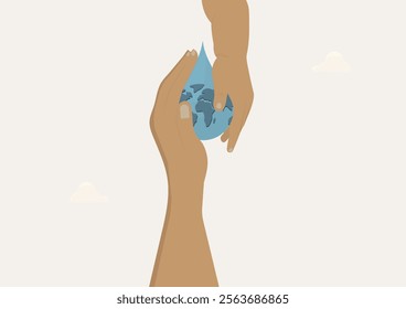 Adult Hand and child hand passing Earth Water Drop Concept. hands carefully passing a water drop containing Earth, symbolizing environmental stewardship and global responsibility. World water day. 