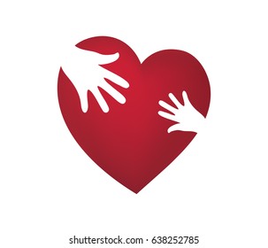 Adult Hand And Child Hand Reaching For Each Other. Vector Red Heart With Shading. Symbol For Adoption And Love.