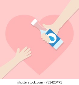 Adult hand give drinking water bottle to young hand, Abstract take care flat background vector design.