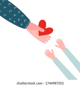 Adult Hand Give Red Heart Symbol To Young Chidish Hands. Abstract Take Care Flat Background Vector Design. Parent Love His Child. Close Up Of Hand Holding Red Heart And Children Hands.