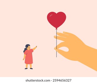 adult hand gives to girl heart shape balloon. Love and care about children. mother supports about daughter, help and protect. vector illustration