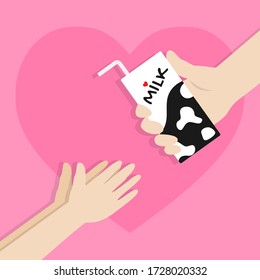Adult hand gives milk to young hand, Abstract take care flat background vector design.
