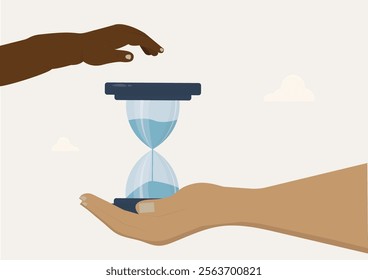 Adult Hand Holding Hourglass with Heart Symbol and child hand protect hourglass. symbolizing unity, sustainability and water conservation. World water day. water management vector illustration