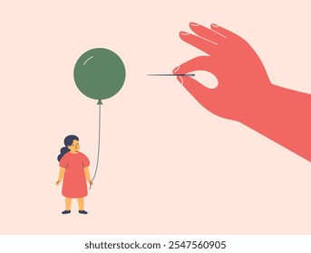 Adult hand intends to puncture a balloon held by a girl. Child neglect and suppression dreams and wishes of kid. Parental control and authoritarian nurturing. Psychological abuse and domestic violence