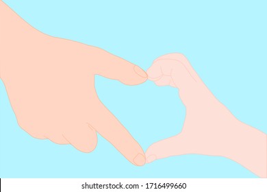 Adult hand and kid hand is act like heart on the blue background. Holiday, encouragement, love, family, care concept. Illustration vector.