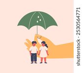 Adult hand protects children from the rain via umbrella. Creating a secure environment for kids. Supervision and teaching safety rules in Family, society, schools. Vector illustration