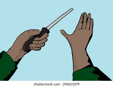 Adult hands cutting empty space with knife