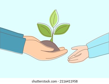 Adult hands pass the seedling into the hands of a child 