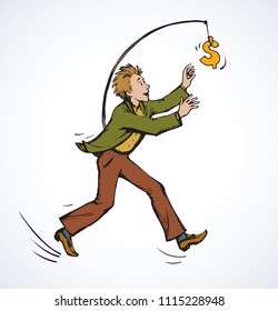 Adult handsome office guy person in suit overtake flying funds fortune over precipice. Bright color drawn picture sketch in retro doodle style with space for text on white sky background