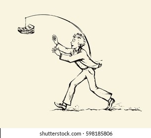 Adult handsome office guy person in suit overtake flying funds fortune over precipice. Outline ink drawn picture sketch in retro doodle style with space for text on white sky background