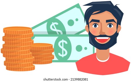 Adult happy businessman with cash, money, banknotes. Person near currency notes, gold coins. Positive man with emotion of happiness, joy. Male character rejoice in finance and business success