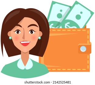 Adult happy businesswoman with cash, money, banknotes. Person near currency notes, wallet. Positive woman with emotion of happiness, joy. Feale character rejoice in finance and business success