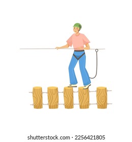 Adult having fun on rope course vector illustration. Rope attraction, man having fun in park on white background. Outdoor activity, sports, entertainment concept