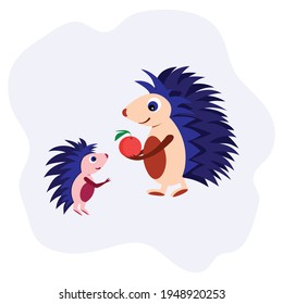 An adult hedgehog with blue needles gives the little hedgehog an apple. Cartoon illustration for the design of children's things, greeting cards, children's t-shirts, fabric, dishes, cups, notebooks