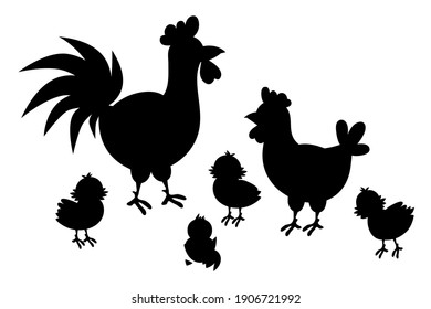 Adult hen and rooster with chickens on a white background. A cute hen family with their chickens. Silhouette.