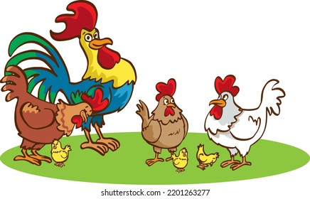 Adult hen and rooster with chickens on a white background. Cute chicken family with their chickens in cartoon style.