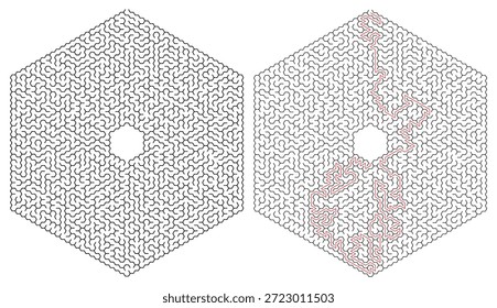 Adult Hexagonal Maze Game - Complexo Maze Game Flat Vetor Ilustração de contorno preto e branco para Kdp.