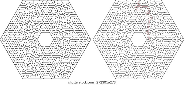 Juego de laberinto hexagonal para adultos - Complejo juego de laberinto Vector plano Ilustración de contorno en blanco y negro para Kdp.