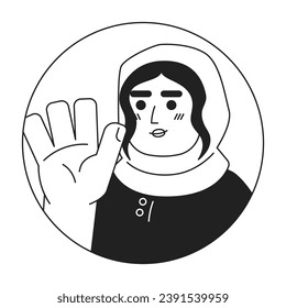 Adult hijab lady saying hi hello black and white 2D vector avatar illustration. Goodbye happy young female arabic outline cartoon character face isolated. Non verbal acknowledge flat portrait