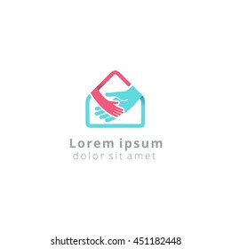 Adult holding a child by the hand in a house. Children foundation, child adoption vector logo