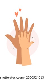 Adult holding small child hand. Vector illustration