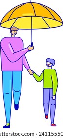 Adult holding umbrella over child. Gentle protection on a walk. Parenting and child care love vector illustration.