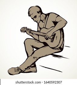 Adult human arm finger compose band tone. Outline black drawn boy talent ukulele fret neck relax line logo sign icon design in retro doodle country cartoon style. Closeup view scene white text space