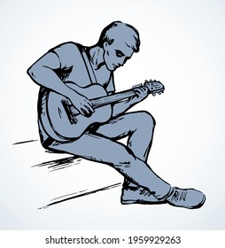 Adult human arm finger compose band tone. Outline black drawn boy talent ukulele fret neck relax line logo sign icon design in retro doodle country cartoon style. Closeup view scene white text space